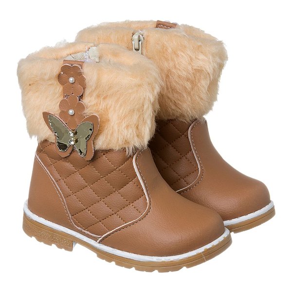 Bota Infantil Feminino Inverno Pelinho Borboleta Caramelo-Café com