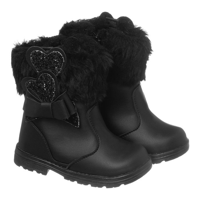 Bota Infantil Feminino Pelinho de Laço com Corações Preta Café