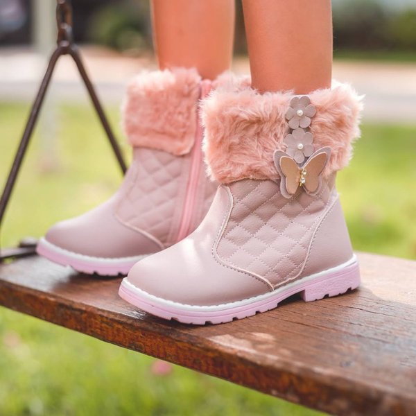 Bota Infantil Feminino Inverno Pelinho Borboleta-Café com Leite