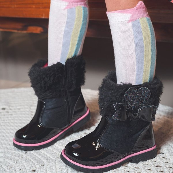 Bota Galocha Infantil Feminina Preto com Pink em Verniz de Pelinho