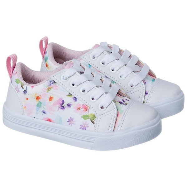 Tênis Infantil Feminino Branco/Flores- Café com Leite