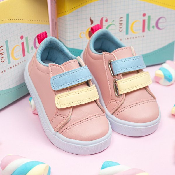 Tênis Infantil Basico Menina Velcro Colorido-Café com Leite